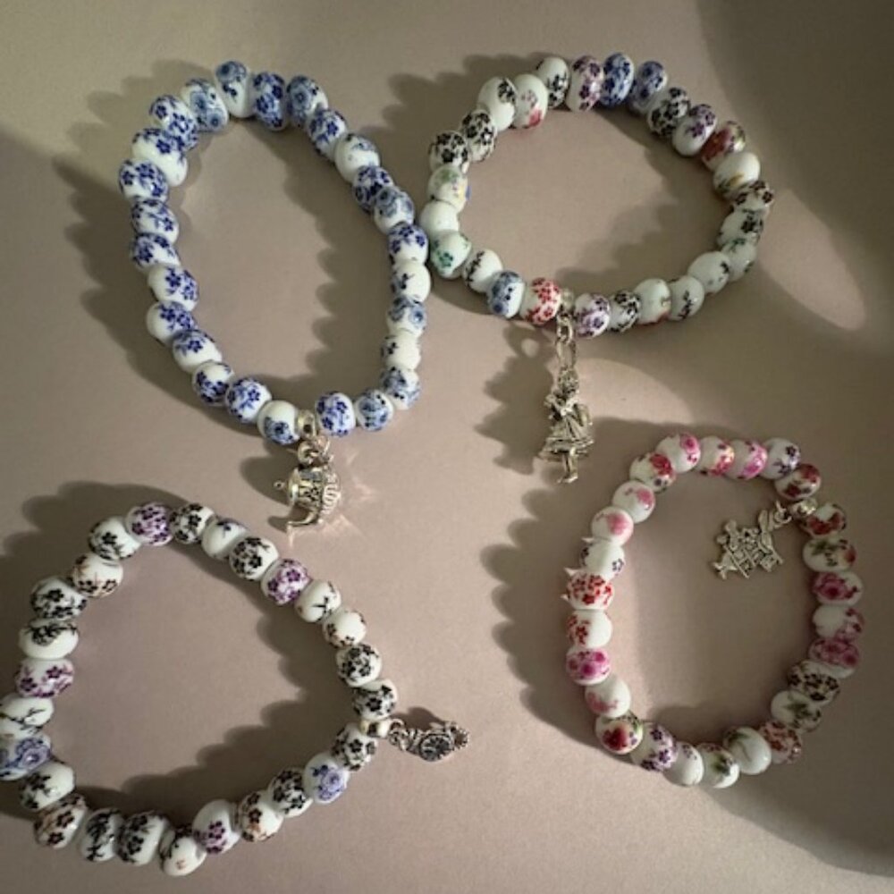 Garden Charm Bracelet gift set of 4 porcelain Alice in Wonderland bracelets